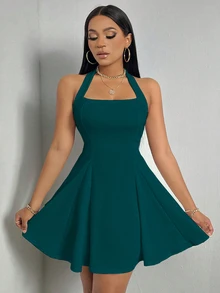 Zolique Ladies' Solid Color Halter Neck Dress - Dark Green - View 8