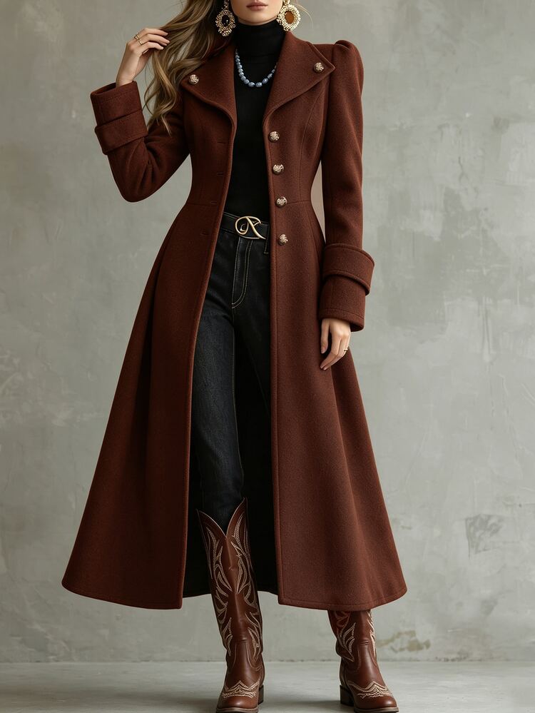 LUMIGAL Mantel Panjang Wanita Campuran Wol dengan Kerah Lebar, Pinggang Terikat, Dekorasi Kancing Logam, Gaya Komuter Elegan untuk Musim Semi & Gugur - Mocha Brown - View 4