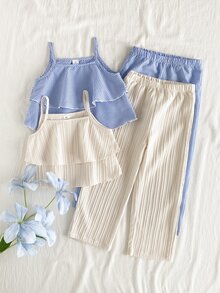 Vintaside Kids 4件套女童休闲个性魅力吊带背心搭配宽松飘逸阔腿裤，粉色和米色，适合日常外出、度假和休闲穿着 - 藍白色 - 查看 6