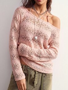 Bohemela 休閒純色針織露肩長袖女款T恤 - 粉色 - 查看 1