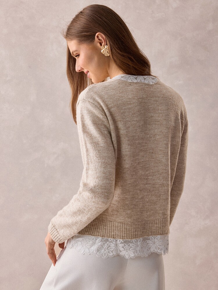 SHEIN Beige Sheer Knit Sweater With Lace Trim V-Neck Tie Detail, Layered Scalloped Hem Soft Lightweight Relaxed Fit Feminine Elegant Top - Beige - View 7