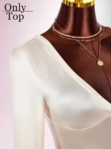 Amplova Sexy Elegant Y2K Women's Fitted Bodycon Deep V-Neck Criss-Cross Satin Top Night Out Date Night Going Out Cream White Fall - Apricot - View 6