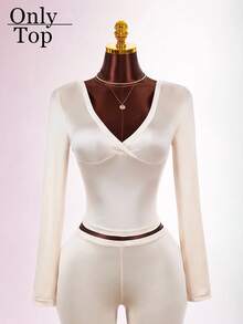 Amplova Sexy Elegant Y2K Women's Fitted Bodycon Deep V-Neck Criss-Cross Satin Top Night Out Date Night Going Out Cream White Fall - Apricot - View 5
