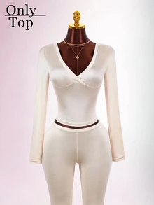 Amplova Sexy Elegant Y2K Women's Fitted Bodycon Deep V-Neck Criss-Cross Satin Top Night Out Date Night Going Out Cream White Fall - Apricot - View 11