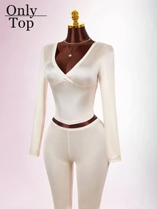 Amplova Sexy Elegant Y2K Women's Fitted Bodycon Deep V-Neck Criss-Cross Satin Top Night Out Date Night Going Out Cream White Fall - Apricot - View 15