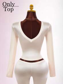 Amplova Sexy Elegant Y2K Women's Fitted Bodycon Deep V-Neck Criss-Cross Satin Top Night Out Date Night Going Out Cream White Fall - Apricot - View 14