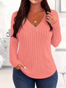 SHEIN LUNE Model Baru Fashion Wanita: Kaos Lengan Panjang Rajut Bertekstur Ribbed Lengan Raglan Kasual Serbaguna untuk Musim Gugur - Baby Pink - View 5