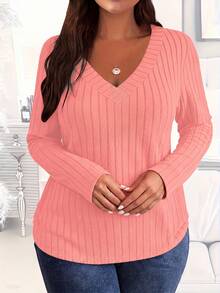 SHEIN LUNE Model Baru Fashion Wanita: Kaos Lengan Panjang Rajut Bertekstur Ribbed Lengan Raglan Kasual Serbaguna untuk Musim Gugur - Baby Pink - View 4