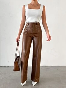 SHEIN Exposed Front Seam Detailed Straight Leg PU Pant - Brown - View 3