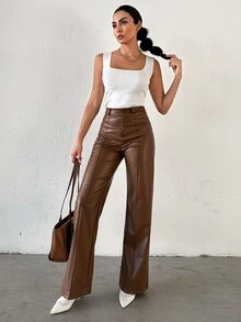 SHEIN Exposed Front Seam Detailed Straight Leg PU Pant - Brown - View 5