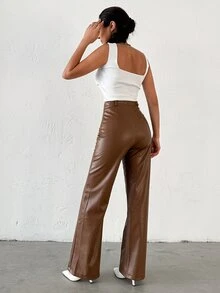 SHEIN Exposed Front Seam Detailed Straight Leg PU Pant - Brown - View 2
