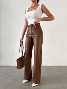 SHEIN Exposed Front Seam Detailed Straight Leg PU Pant - Brown - View 4