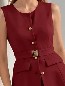 MOTF PREMIUM SOLID PEPLUM WAIST FLARE HEM BELTED DRESS WOMEN OUTFIT - Burgundy - View 3