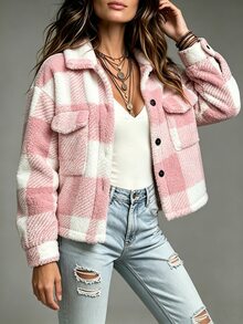 SHEIN 女款前開鈕扣口袋長袖夾克 - 粉色 - 查看 3