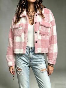 SHEIN 女款前開鈕扣口袋長袖夾克 - 粉色 - 查看 4