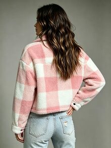 SHEIN 女款前開鈕扣口袋長袖夾克 - 粉色 - 查看 2