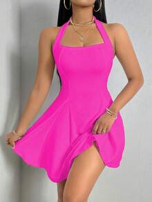 Zolique Women's Solid Color Minimalist Sleeveless Dress, Everyday Wear - Hot Pink - View 2