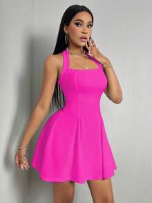 Zolique Women's Solid Color Minimalist Sleeveless Dress, Everyday Wear - Hot Pink - View 6