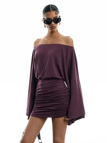 LYSMO Women's Solid Color Off-Shoulder Long Sleeve Ruched Fashion Dress Going Out Club Night Out Dark Purple Autumn Sexy - Red Violet - View 8