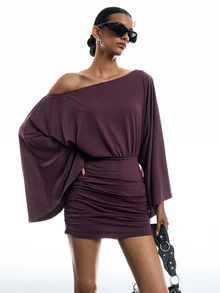 LYSMO Women's Solid Color Off-Shoulder Long Sleeve Ruched Fashion Dress Going Out Club Night Out Dark Purple Autumn Sexy - Red Violet - View 3