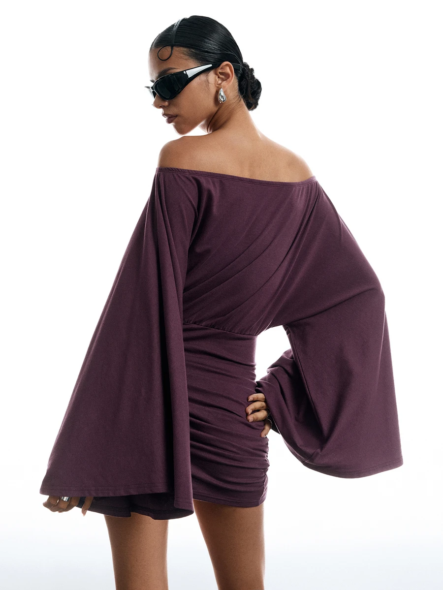 LYSMO Women's Solid Color Off-Shoulder Long Sleeve Ruched Fashion Dress Going Out Club Night Out Dark Purple Autumn Sexy - Red Violet - View 1
