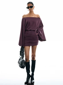 LYSMO Women's Solid Color Off-Shoulder Long Sleeve Ruched Fashion Dress Going Out Club Night Out Dark Purple Autumn Sexy - Red Violet - View 6