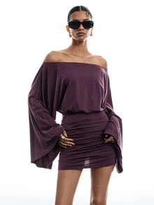 LYSMO Women's Solid Color Off-Shoulder Long Sleeve Ruched Fashion Dress Going Out Club Night Out Dark Purple Autumn Sexy - Red Violet - View 2