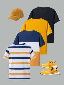 4pcs Striped, Color Block, Black, Yellow Casual Sports T-Shirt Combo Pack, Versatile For Teens, Spring/Summer - Multicolor - View 2