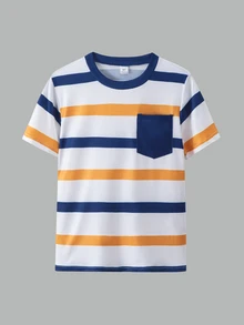 4pcs Striped, Color Block, Black, Yellow Casual Sports T-Shirt Combo Pack, Versatile For Teens, Spring/Summer - Multicolor - View 4