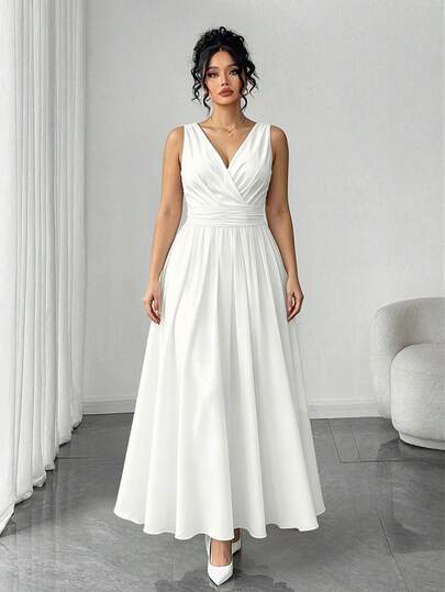 Elenzga Plus Size White Shirred Sleeveless Back Shirred Waist Flare Midi Dress