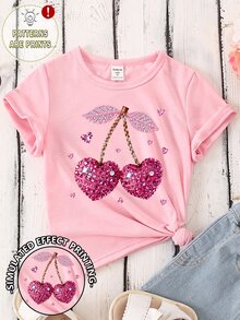 SHEIN 少女休閒愛心與櫻桃水鑽印花短袖T恤，創意愛心與櫻桃印花百搭上衣，適合春夏 - 粉色 - 查看 4