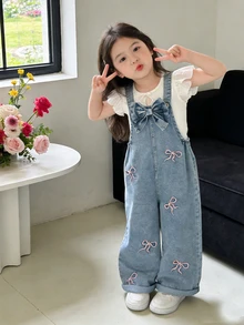 SHEIN ChillGRL 女童復古牛仔女郎西式淺藍丹寧吊帶褲，多重蝴蝶結刺繡，胸前大蝴蝶結設計，直筒褲腿連身褲，夏季款 - 淺色水洗藍 - 查看 7