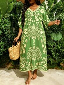 Swim Lushoire Plus Size Tropical Floral Print Beach Cover-Up Dress - Multicolor - View 4
