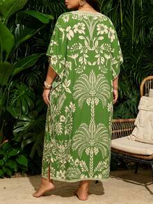 Swim Lushoire Plus Size Tropical Floral Print Beach Cover-Up Dress - Multicolor - View 3