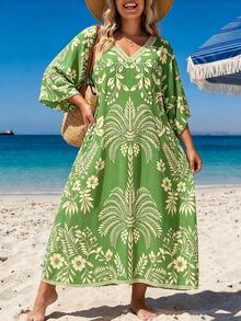 Swim Lushoire Plus Size Tropical Floral Print Beach Cover-Up Dress - Multicolor - View 2