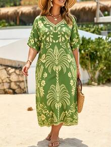 Swim Lushoire Plus Size Tropical Floral Print Beach Cover-Up Dress - Multicolor - View 1