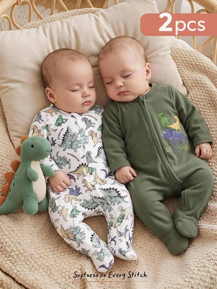 Cozy Pixies Set Baju Bayi Baru Lahir Laki-laki dan Perempuan Motif Dinosaurus Kartun Rajut Lembut Leher Bulat Lengan Panjang Bodysuit & Celana 2 Potong - MultiWarna - View 1
