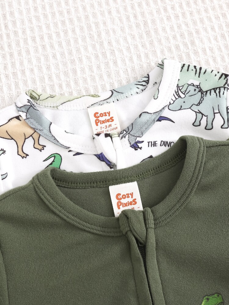 Cozy Pixies Set Baju Bayi Baru Lahir Laki-laki dan Perempuan Motif Dinosaurus Kartun Rajut Lembut Leher Bulat Lengan Panjang Bodysuit & Celana 2 Potong - MultiWarna - View 4