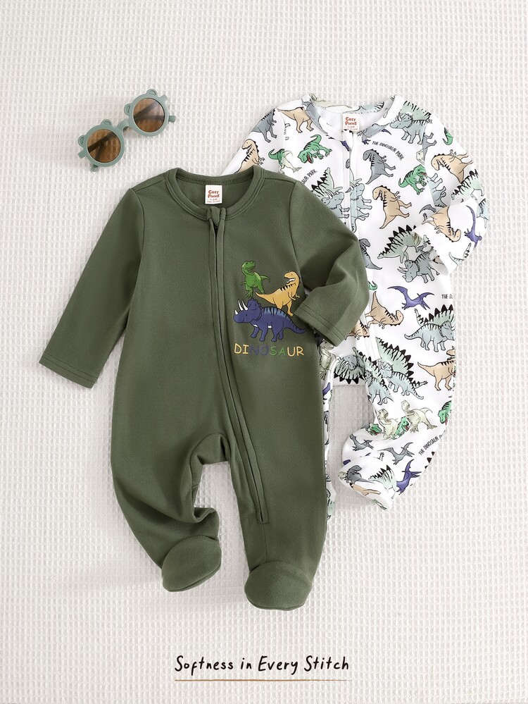 Cozy Pixies Set Baju Bayi Baru Lahir Laki-laki dan Perempuan Motif Dinosaurus Kartun Rajut Lembut Leher Bulat Lengan Panjang Bodysuit & Celana 2 Potong - MultiWarna - View 3