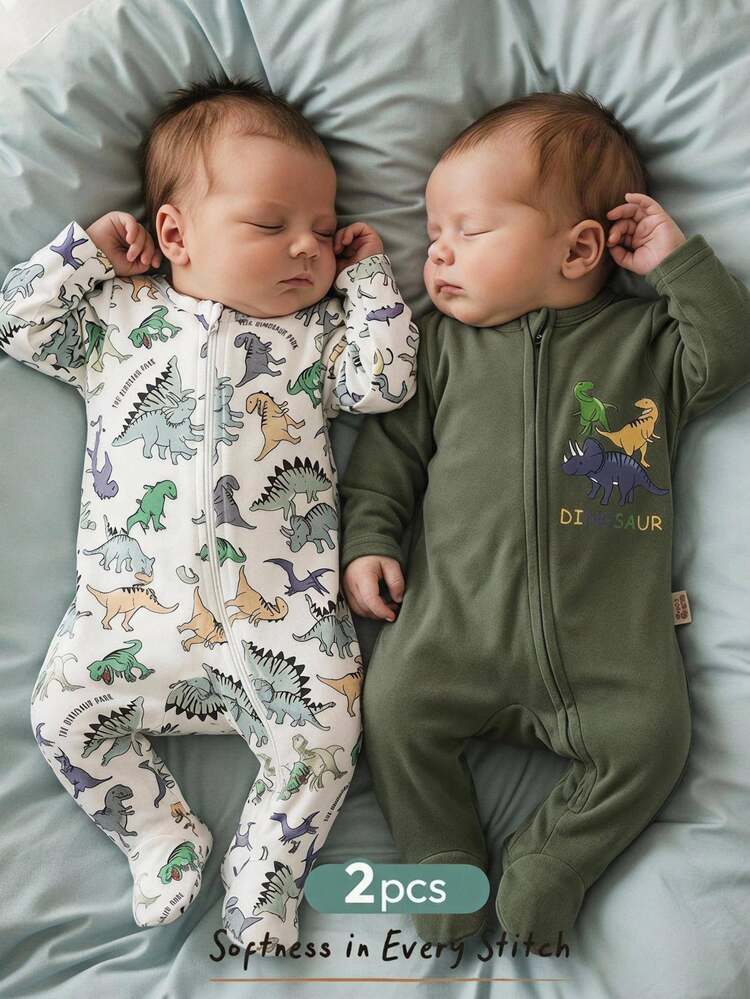 Cozy Pixies Set Baju Bayi Baru Lahir Laki-laki dan Perempuan Motif Dinosaurus Kartun Rajut Lembut Leher Bulat Lengan Panjang Bodysuit & Celana 2 Potong - MultiWarna - View 9