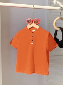 Young Boy's Comfortable Solid Color Short Sleeve Polo Shirt For Casual Wear,Suitable For Spring,Summer,Outdoor,School,Street Style,Burnt Orange Shirt - Orange - View 4