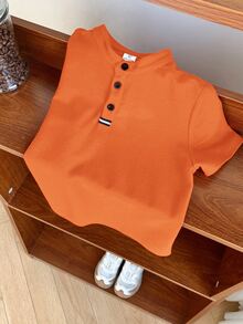 Young Boy's Comfortable Solid Color Short Sleeve Polo Shirt For Casual Wear,Suitable For Spring,Summer,Outdoor,School,Street Style,Burnt Orange Shirt - Orange - View 6