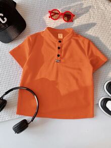 Young Boy's Comfortable Solid Color Short Sleeve Polo Shirt For Casual Wear,Suitable For Spring,Summer,Outdoor,School,Street Style,Burnt Orange Shirt - Orange - View 8