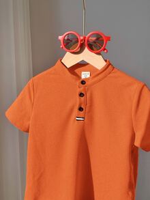 Young Boy's Comfortable Solid Color Short Sleeve Polo Shirt For Casual Wear,Suitable For Spring,Summer,Outdoor,School,Street Style,Burnt Orange Shirt - Orange - View 5