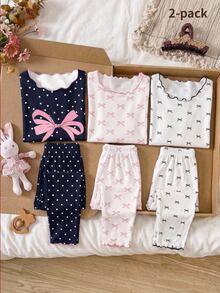Tween Girls Pajamas 2-Piece Set, All-Season Hot-Selling New Style, Bow & Polka Dot Full Print, Knitted Contrast Color Ruffle Trim Long Sleeve Top & Long Pants, Loungewear, 1 Set - Multicolor - View 5