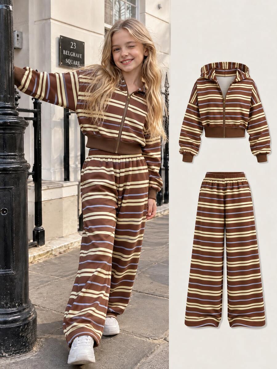 Teen Girls Jacket Set, Brown Striped, Jacket + Pants 2 Pieces Set, Loose Fit, Warm For Autumn/Winter, Fashionable Versatile, Casual Streetwear - Multicolor - View 1