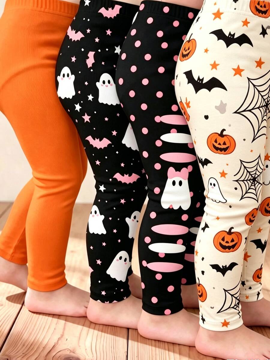Young Girl Cartoon Print Casual Daily Wear Tight Leggings - Black - View 1