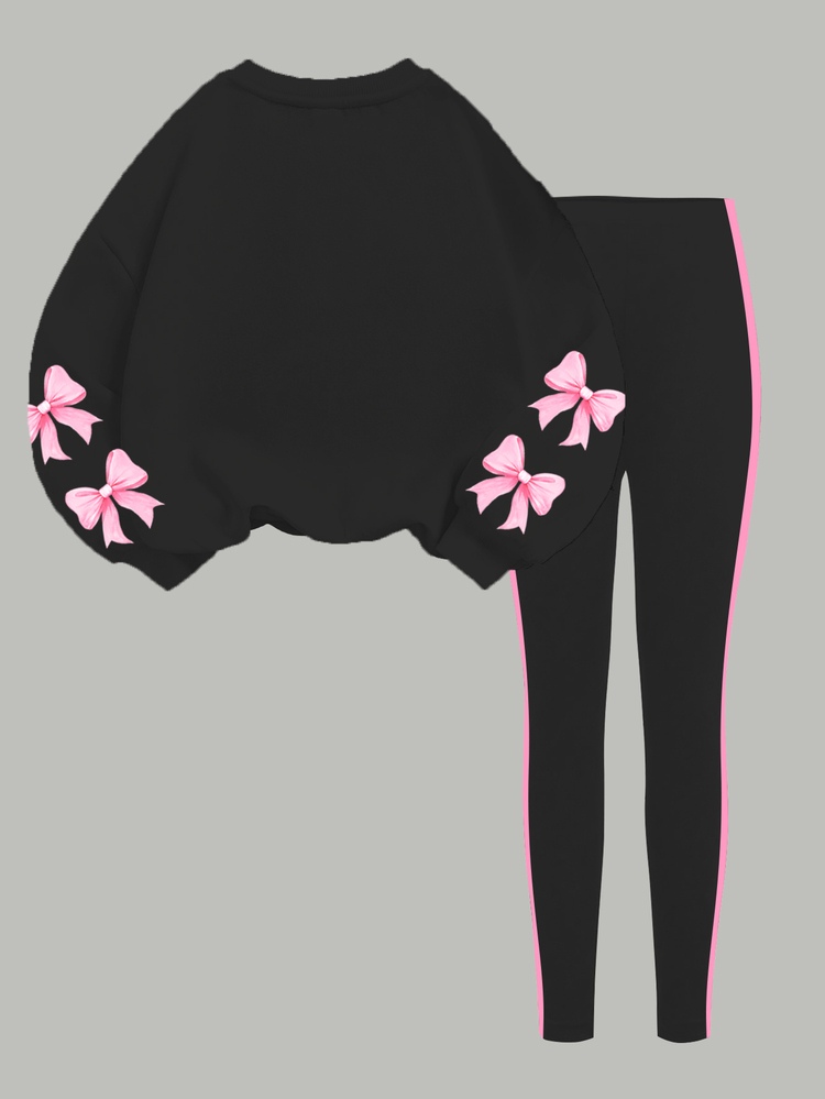 Setelan 2 Potong Sweatshirt Lengan Panjang Leher Bulat dan Legging, Motif Pita, Gaya Kasual Keren Digital 67 untuk Anak Perempuan Remaja, Warna Hitam & Merah Muda, Cocok untuk Musim Gugur/Dingin, Vintage, Kawaii, Gaya Musim Gugur & Musim Dingin yang Nyaman - Putih - View 3