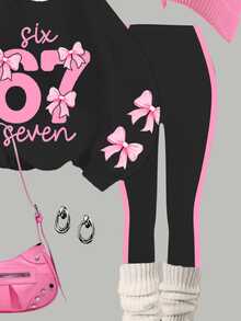 Tween女孩休閒酷感數位67蝴蝶結圖案黑色與粉色拼色圓領長袖衛衣+緊身褲2件套，適合秋冬，復古可愛舒適風格 - 白色 - 查看 5