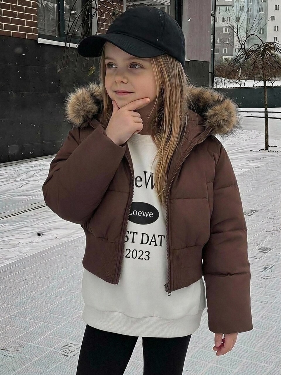 Tween Girl Long Sleeve Zipper Front Casual Fur Collar Hooded Winter Jacket